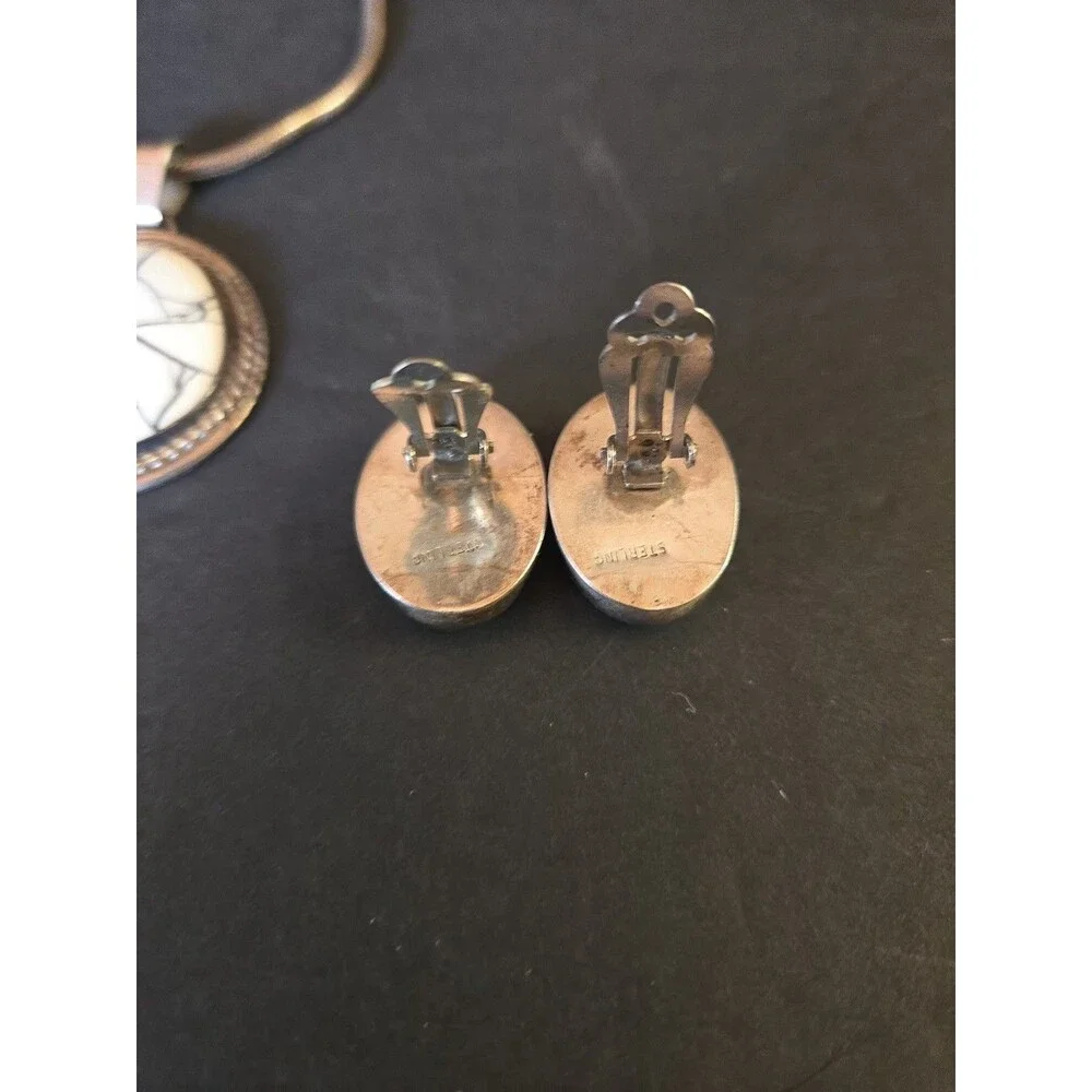 VTG Navajo D Daniel Martinez STERLING White Buffalo Pendant & Clip Earrings Set